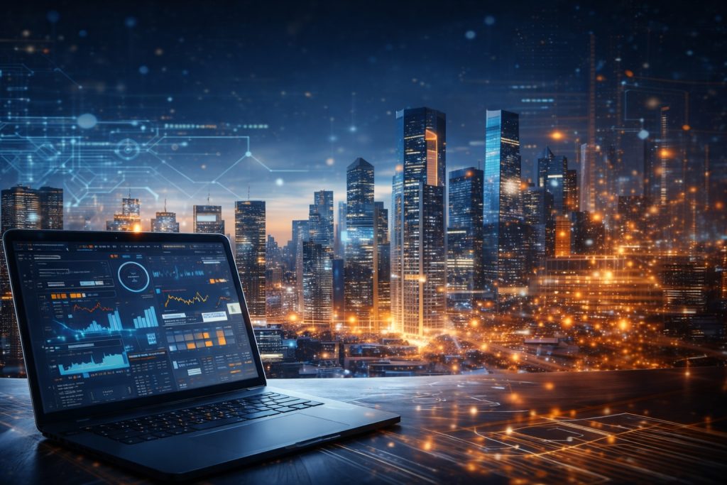 Futuristic city skyline with digital data overlays and analytics dashboard symbolizing AI-driven digital visibility and SEO-to-AI discoverability.