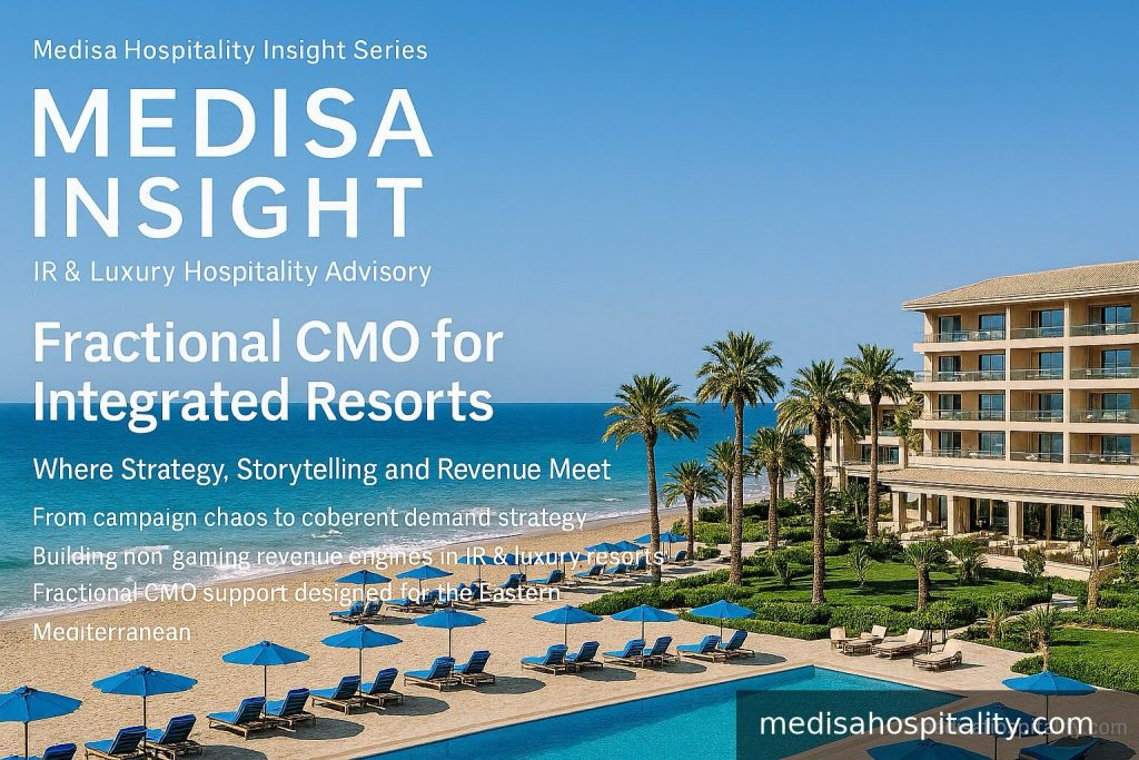 Medisa Insight cover for the article “What Is a Fractional CMO? Shared Marketing Leadership for IR & Luxury Hotels”, showing a luxury beachfront resort with pool and palm trees.