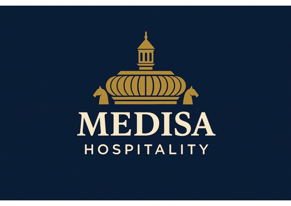 Medisa Hospitality logo on navy background in gold and white