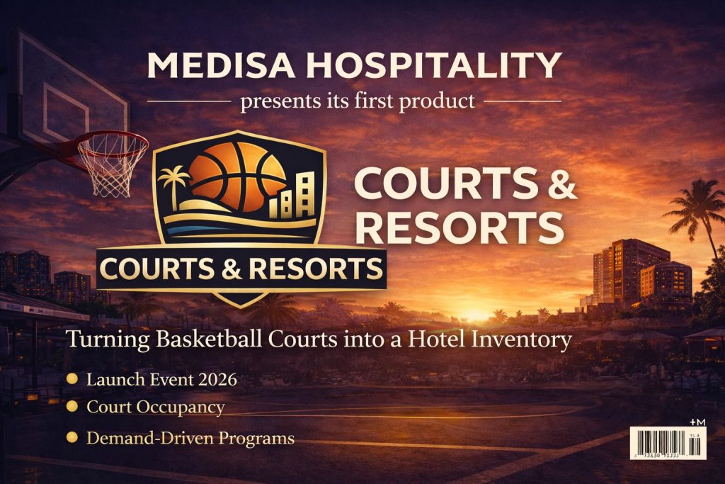Magazine-style cover announcing Medisa Hospitality’s first product launch, Courts & Resorts — a demand program for hotels with basketball courts.