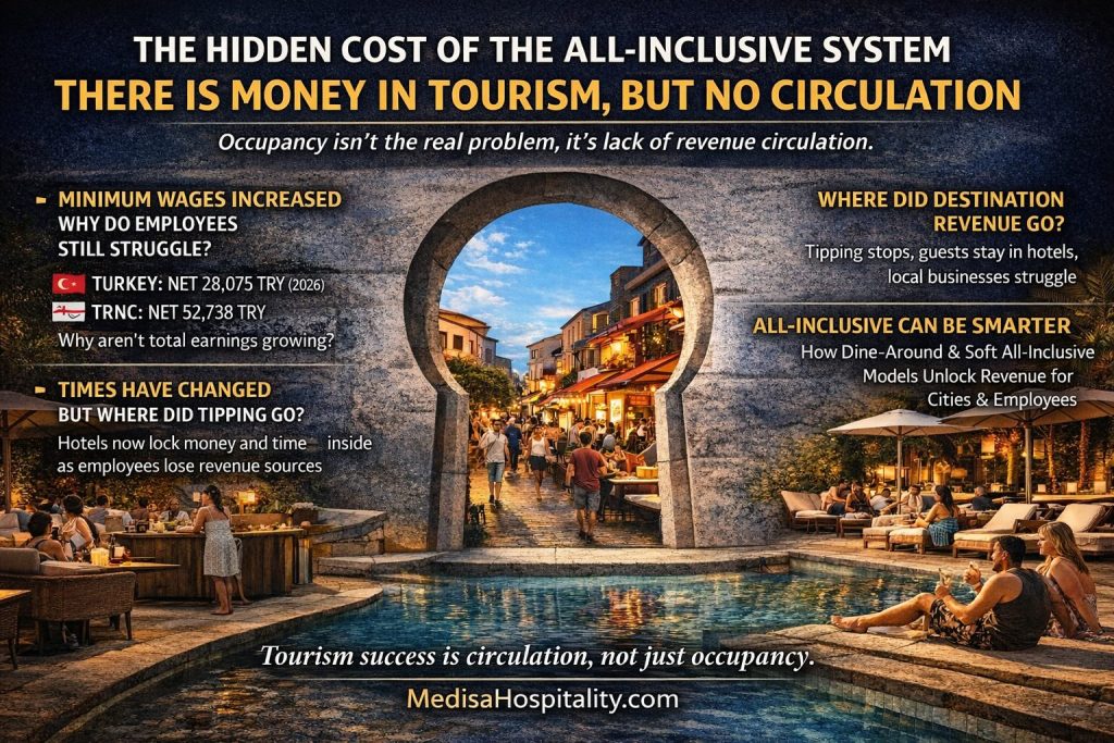 A resort hotel contrasted with a vibrant city outside, illustrating how the all-inclusive tourism system locks revenue and time inside hotels