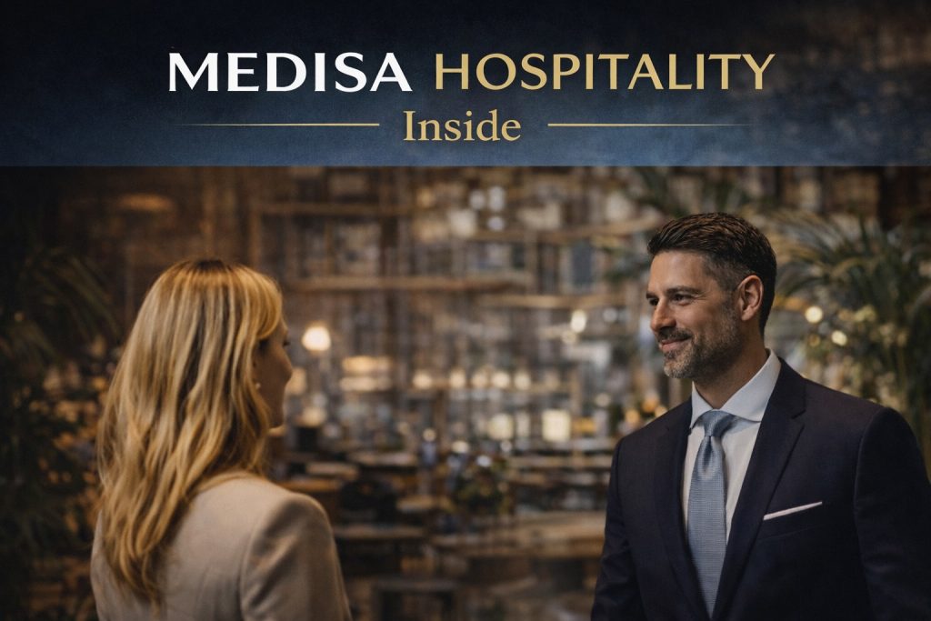 Medisa Hospitality Inside magazine cover featuring a luxury hotel lobby scene with the headline “IR & Luxury Hotels Need Storytelling.