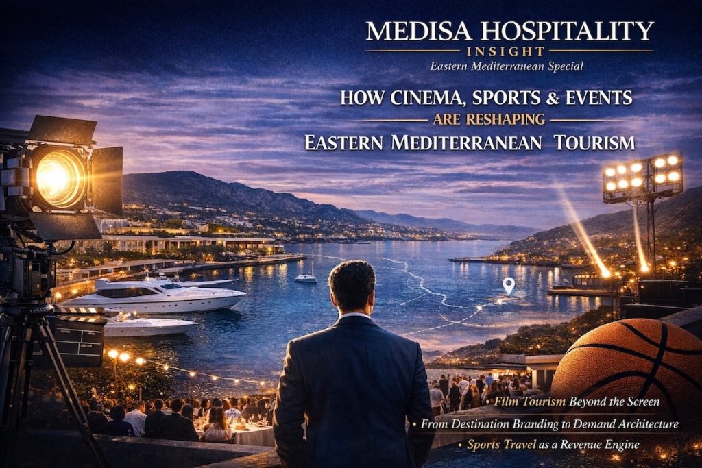 Medisa Hospitality Insight magazine-style cover about Eastern Mediterranean tourism and hospitality, featuring cinema, sports, events, a luxury marina resort, and demand-driven destination strategy