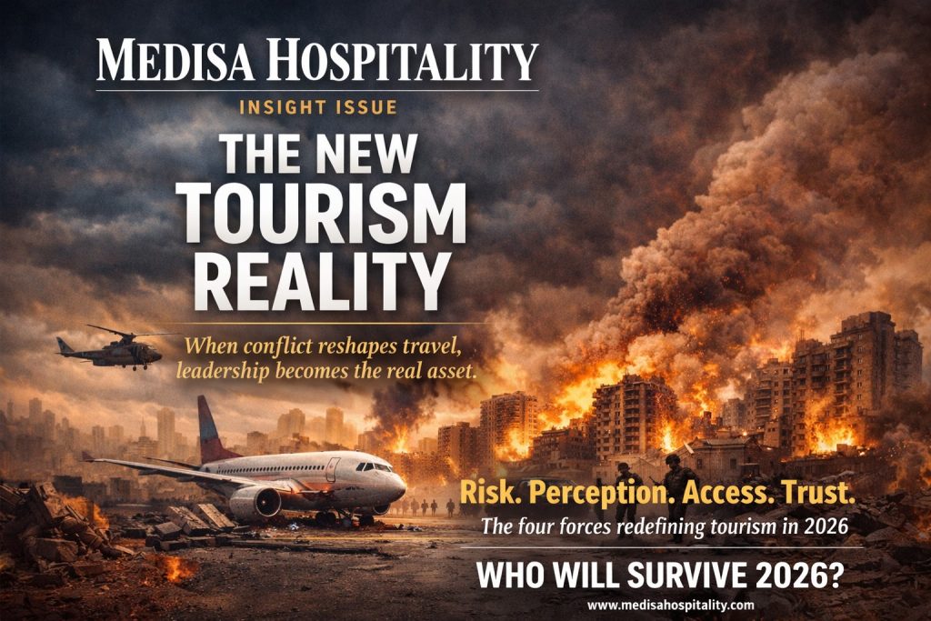 Magazine-style cover image for The New Tourism Reality, highlighting tourism leadership, crisis readiness, and resilience in 2026